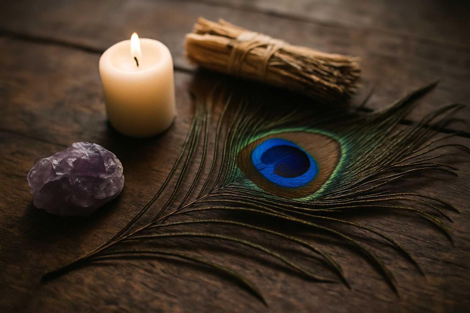 Objets de rituel chamanique posés sur une table en bois dans un cadre naturel, illustrant une séance de chamanisme près de Bordeaux