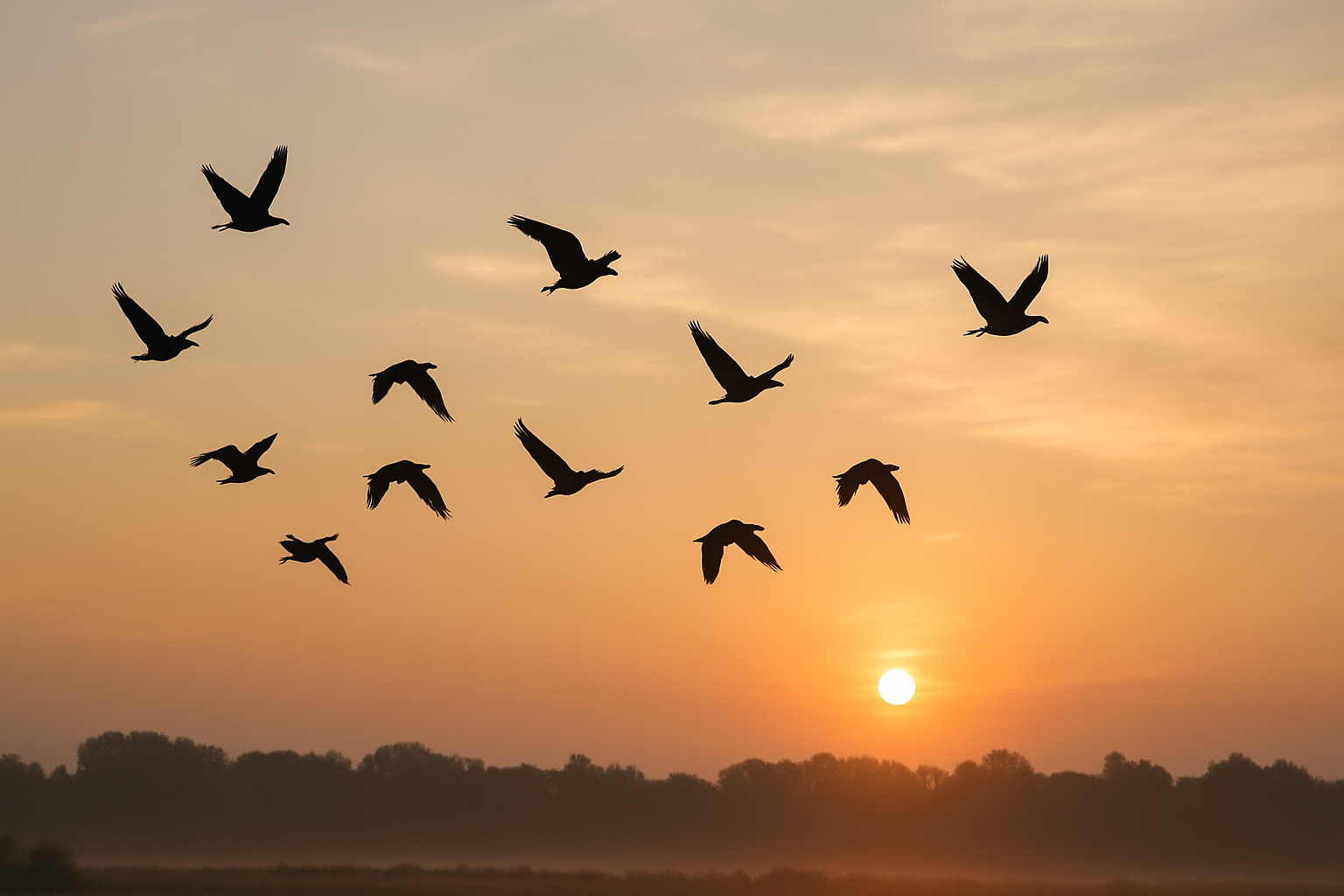 Des oiseaux en vol au lever du soleil, symbole de libération et de transformation intérieure