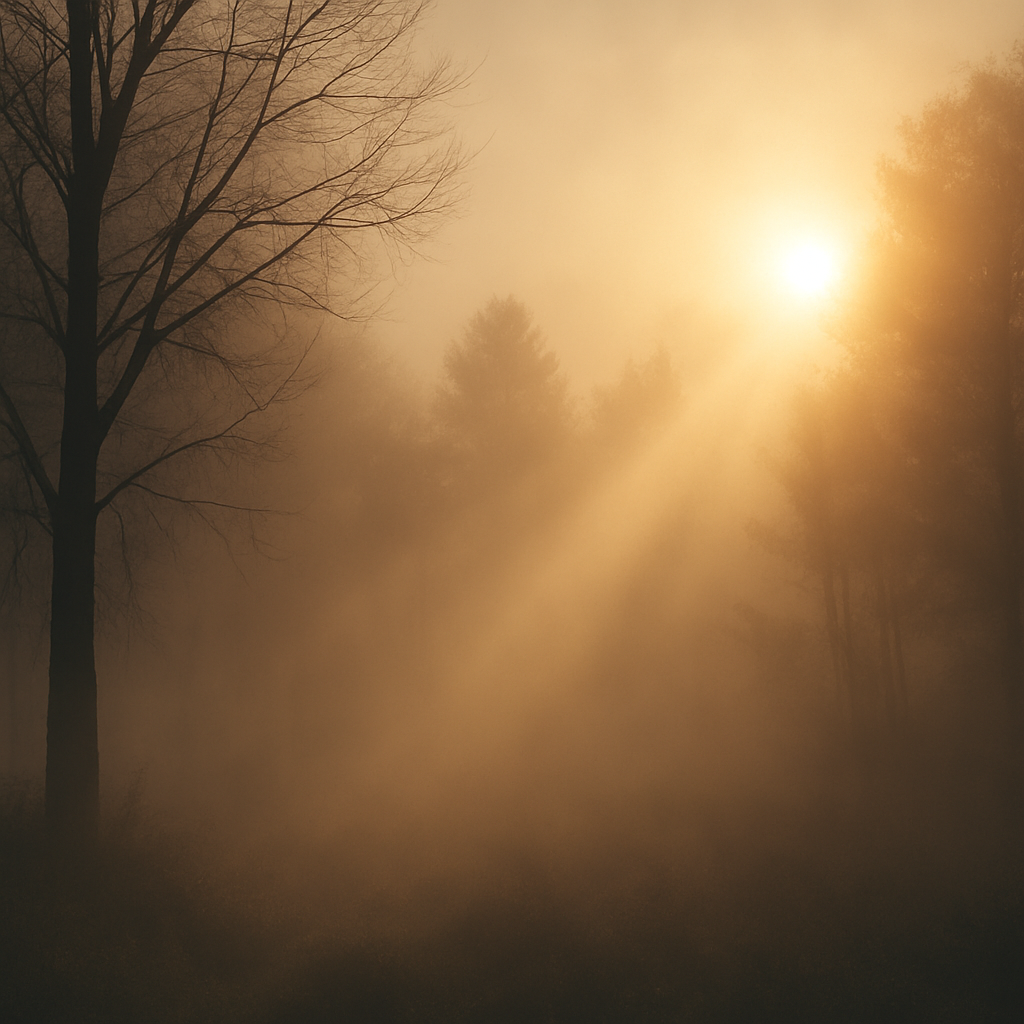 Une lumière douce traversant un brouillard dense, symbolisant la clarté retrouvée après un accompagnement thérapeutique