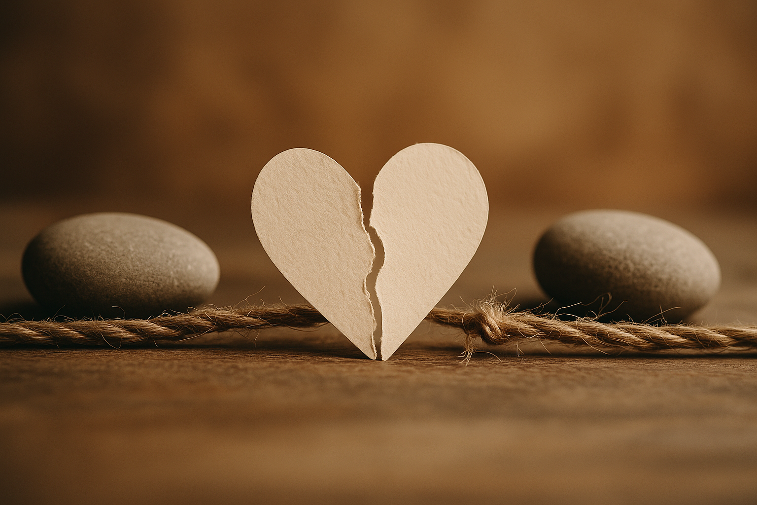 Cœur en papier déchiré posé entre deux pierres, symbolisant les blessures familiales et la guérison des relations de couple par le chamanisme et la psychogénéalogie.