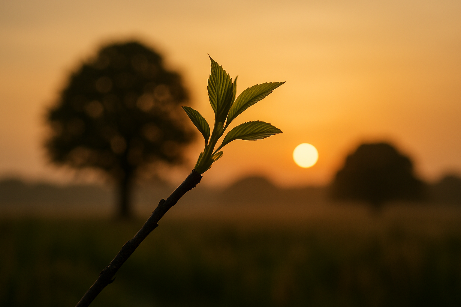 Jeune branche verte éclairée par le soleil couchant, symbolisant l’émergence, le mouvement intérieur et la transformation apportée par les constellations familiales.
