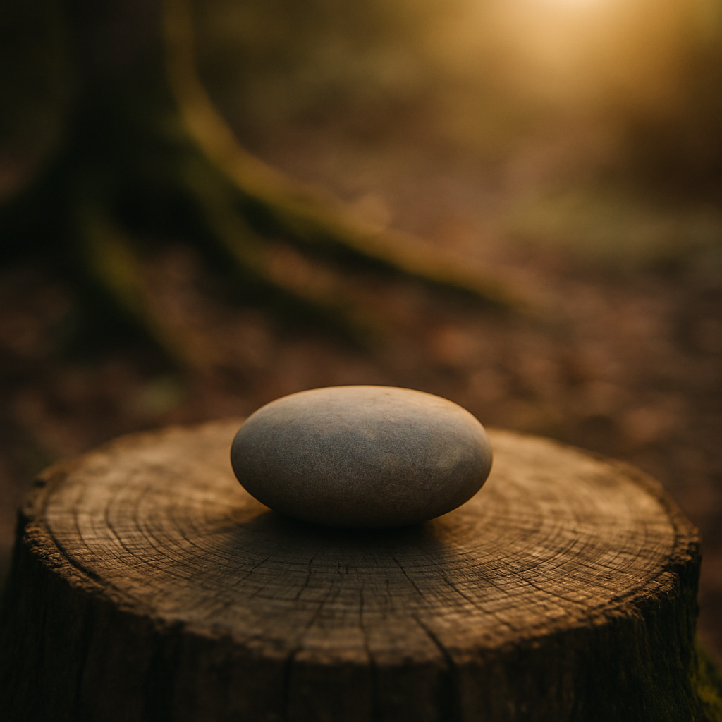 Pierre posée sur une souche d’arbre dans la lumière du soir, symbolisant les racines familiales et les héritages transgénérationnels.
