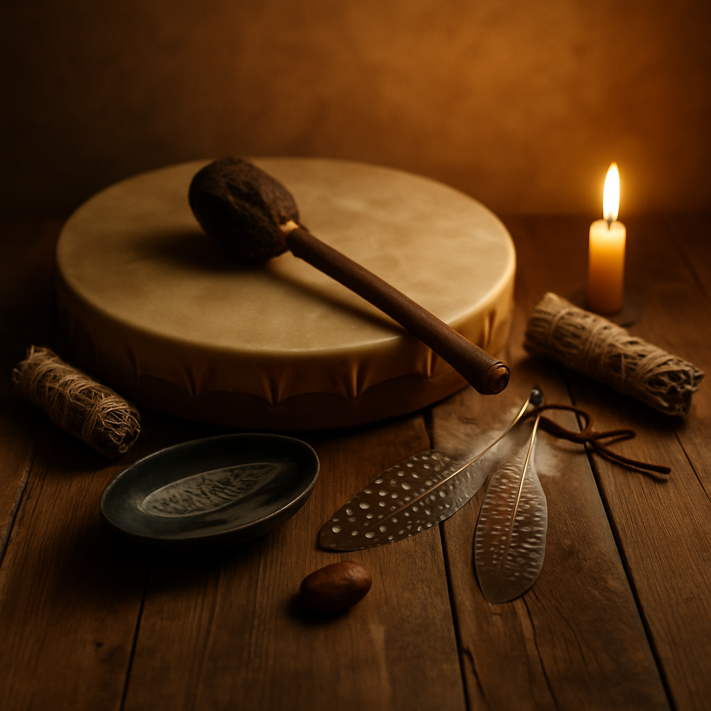 Tambour chamanique posé sur une table en bois, entouré de plumes, d’une bougie et d’objets rituels dans une lumière chaude et apaisante